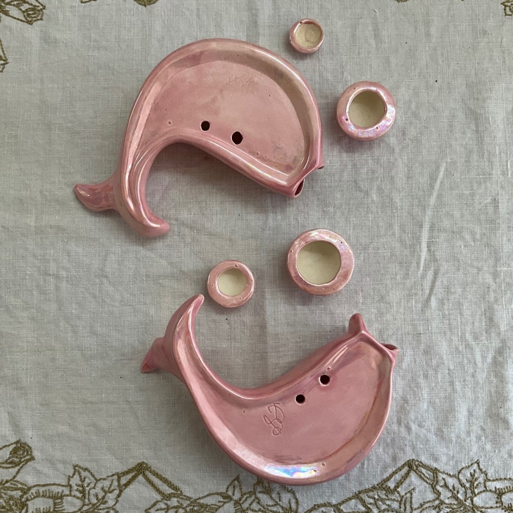 Vintage Pink Iridescent Ceramic Fish Wall Hanging Set 6pc Lusterware Bubbles MCM - Picture 5 of 9